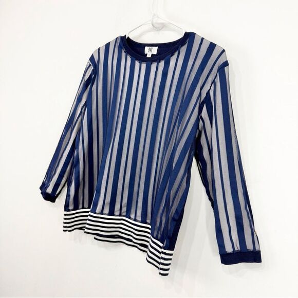 YAL NY Navy Blue White Mesh Overlay Striped Knit Nautical Pullover Top - Picture 3 of 16